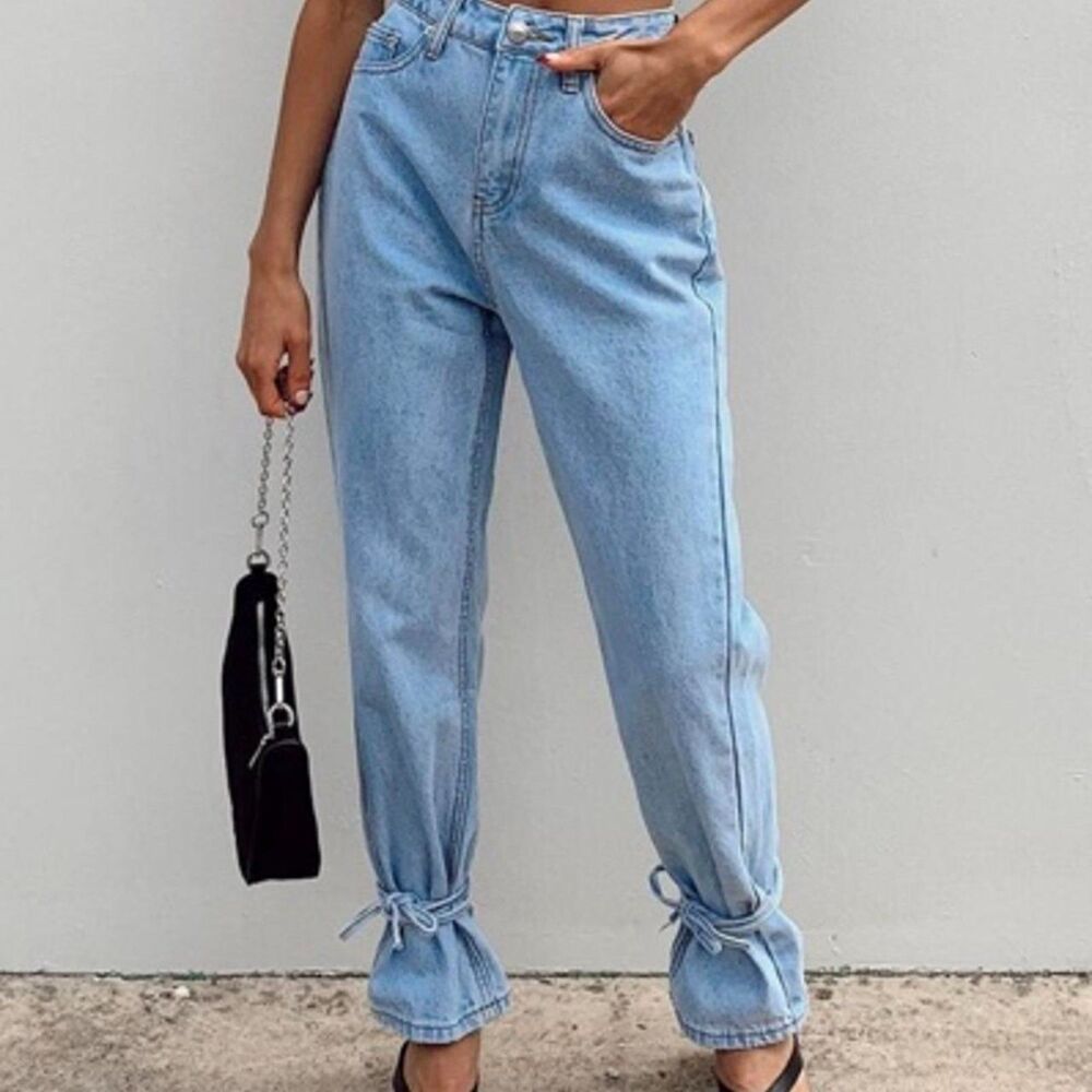 PRINCESS POLLY EXCLUSIVE CONNECTION ANKLE TIE HIGH RISE STRAIGHT LEG DENIM JEANS